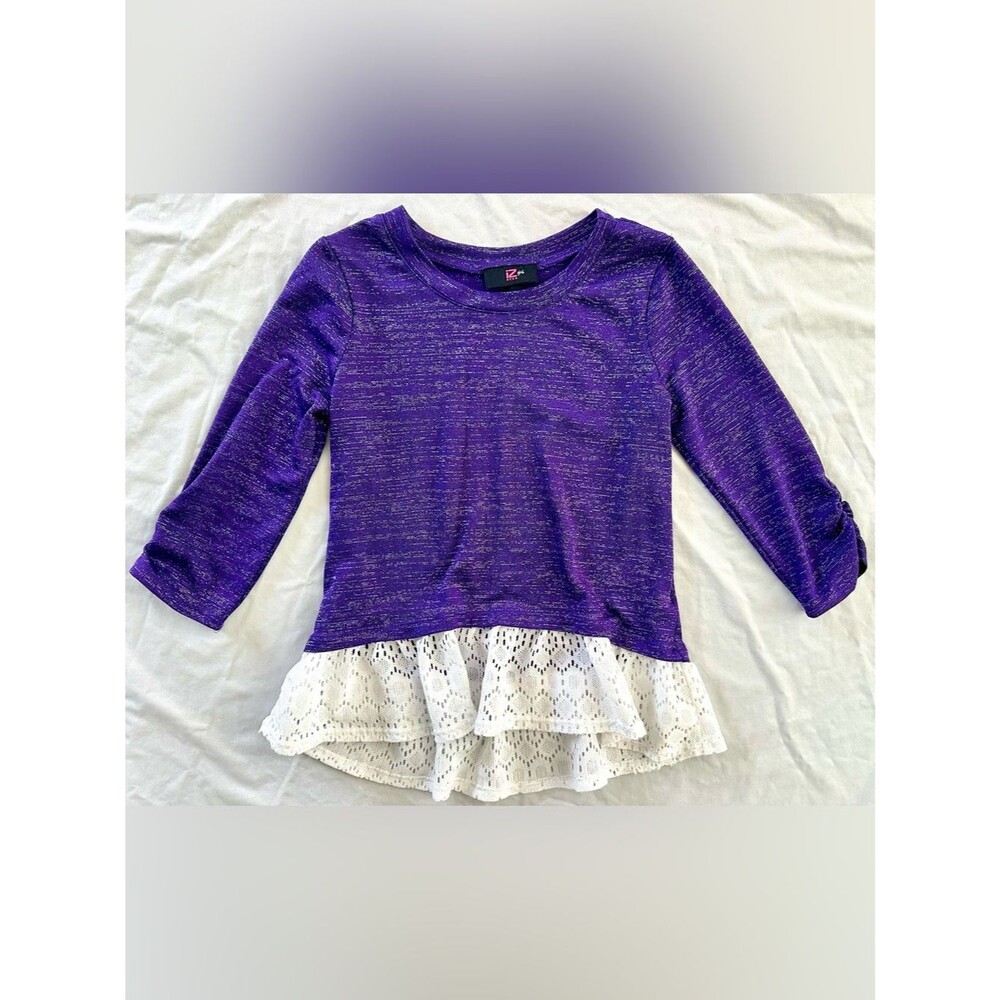 IZ Byer Girl Purple Metallic Knit Lace Ruffle Hem Top Size L 3/4 Sleeve